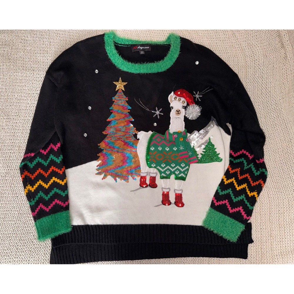 33 Degrees Christmas Llama Sweater XXL Black Sequin Holiday Chevron Fuzzy Trim